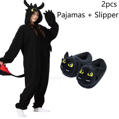 Cozy Up in Our Black Toothless Dragon Onesie Pajamas – Perfect for Adults and Kids! Ideal for Halloween, Cosplay, and Winter Lounging!