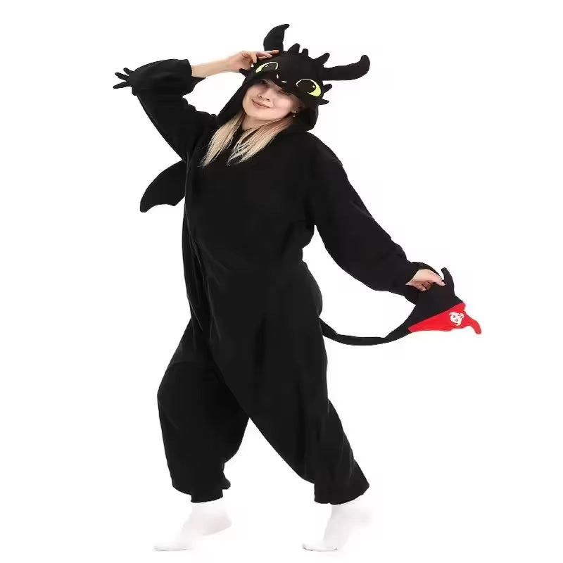 Cozy Up in Our Black Toothless Dragon Onesie Pajamas – Perfect for Adults and Kids! Ideal for Halloween, Cosplay, and Winter Lounging!