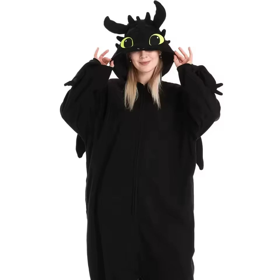 Cozy Up in Our Black Toothless Dragon Onesie Pajamas – Perfect for Adults and Kids! Ideal for Halloween, Cosplay, and Winter Lounging!